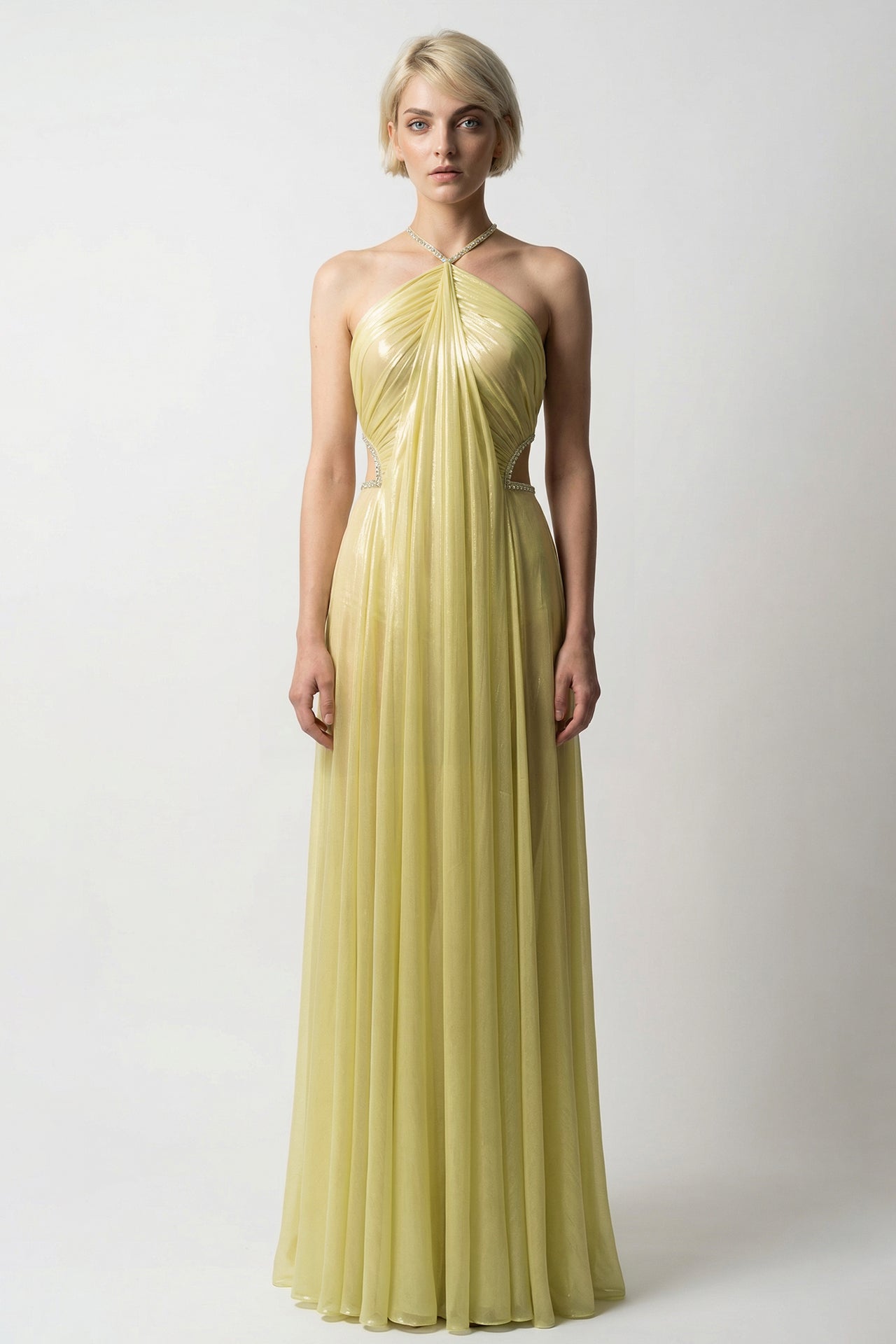 High-Neck Draped Chiffon Gown with Cape