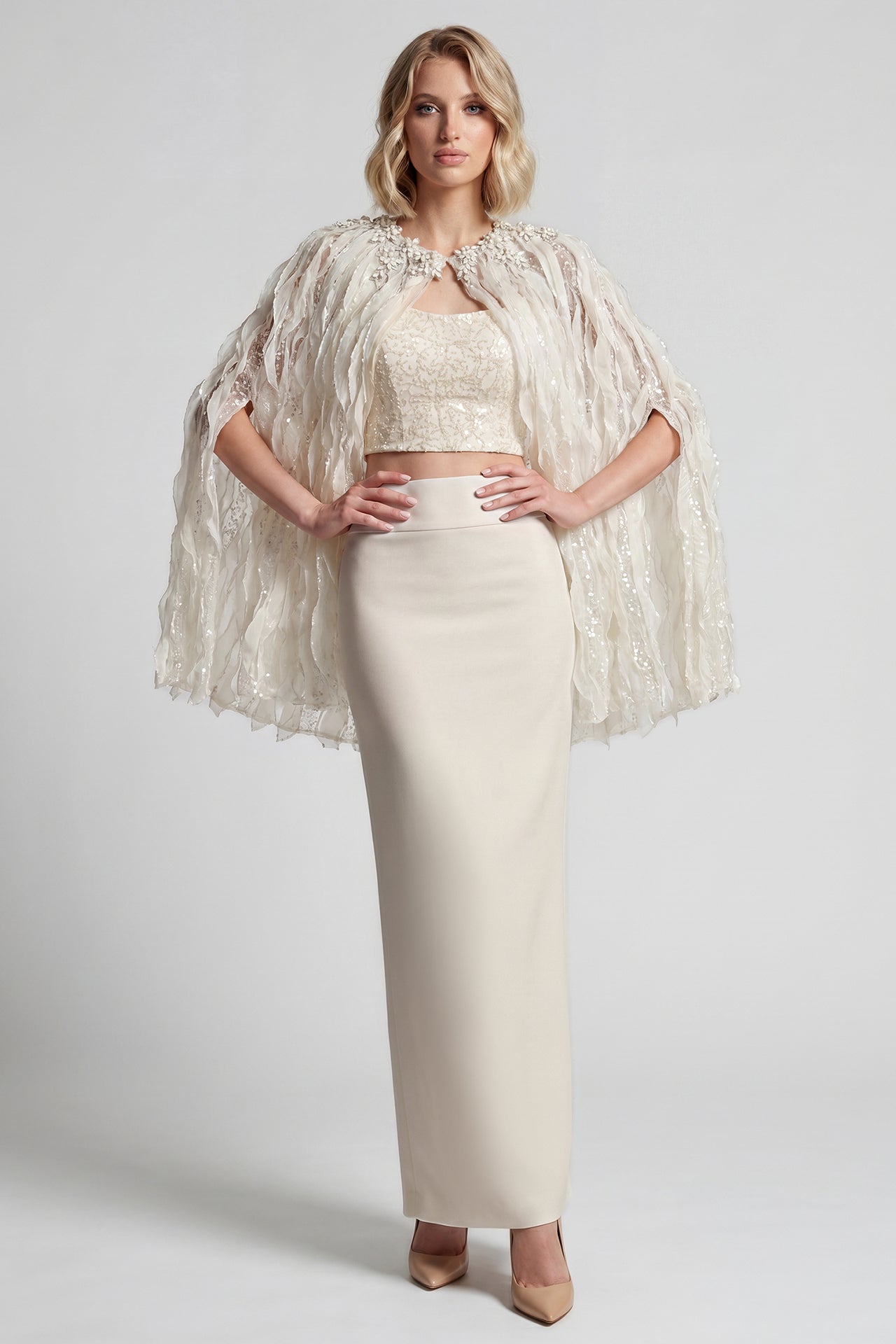 Embroidered Cape Jacket with Crepe Skirt