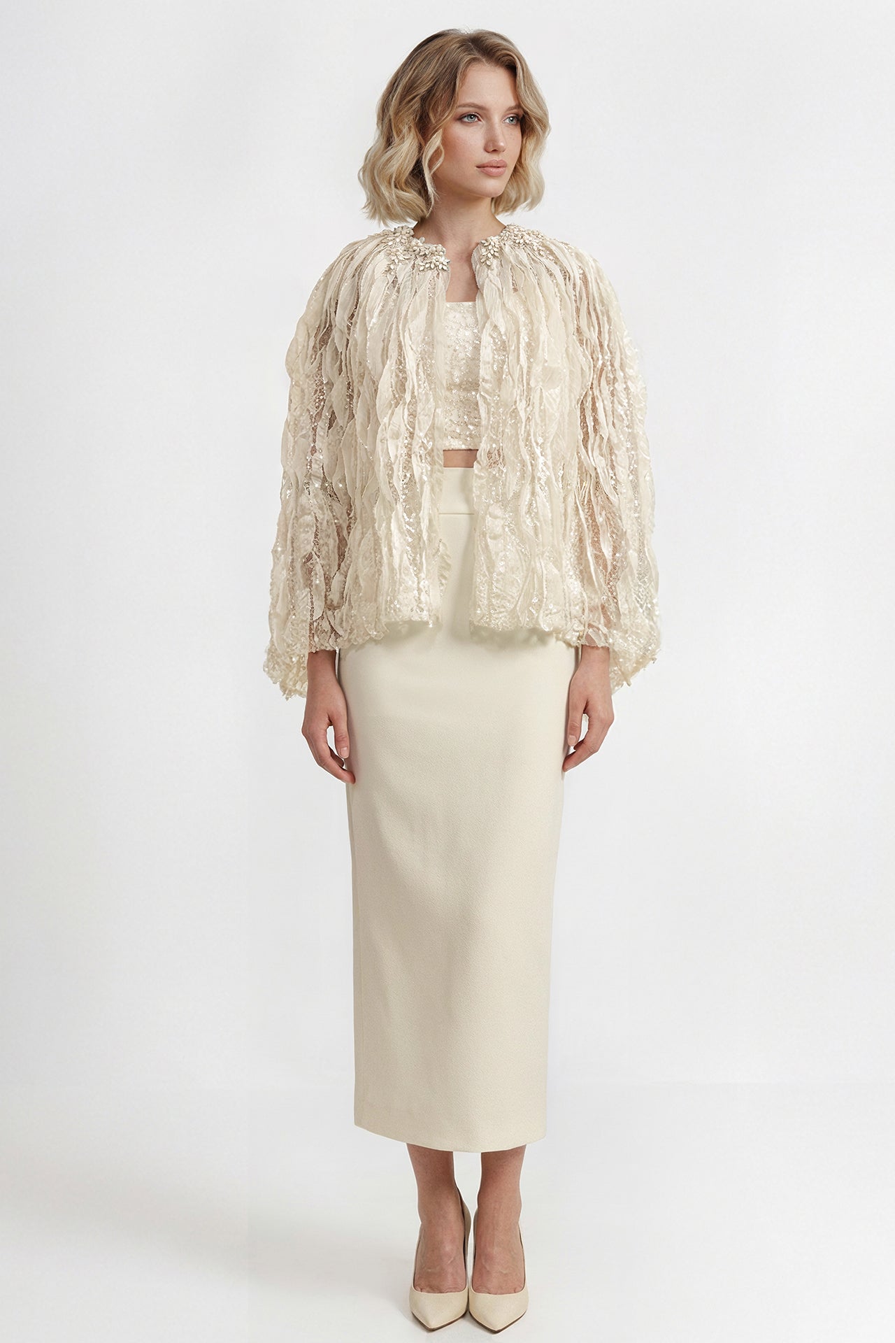 Embroidered Cape Jacket with Crepe Skirt