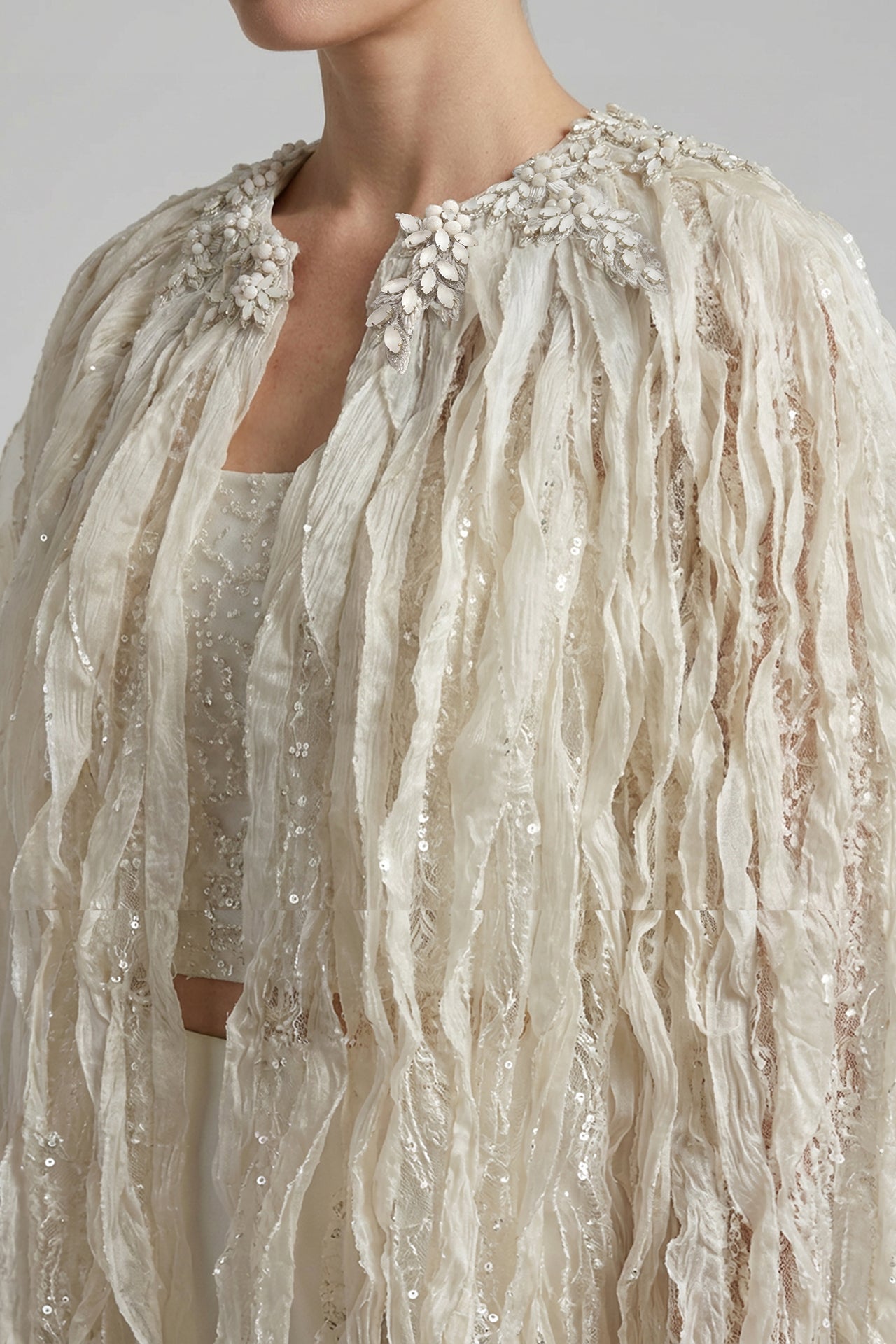 Embroidered Cape Jacket with Crepe Skirt