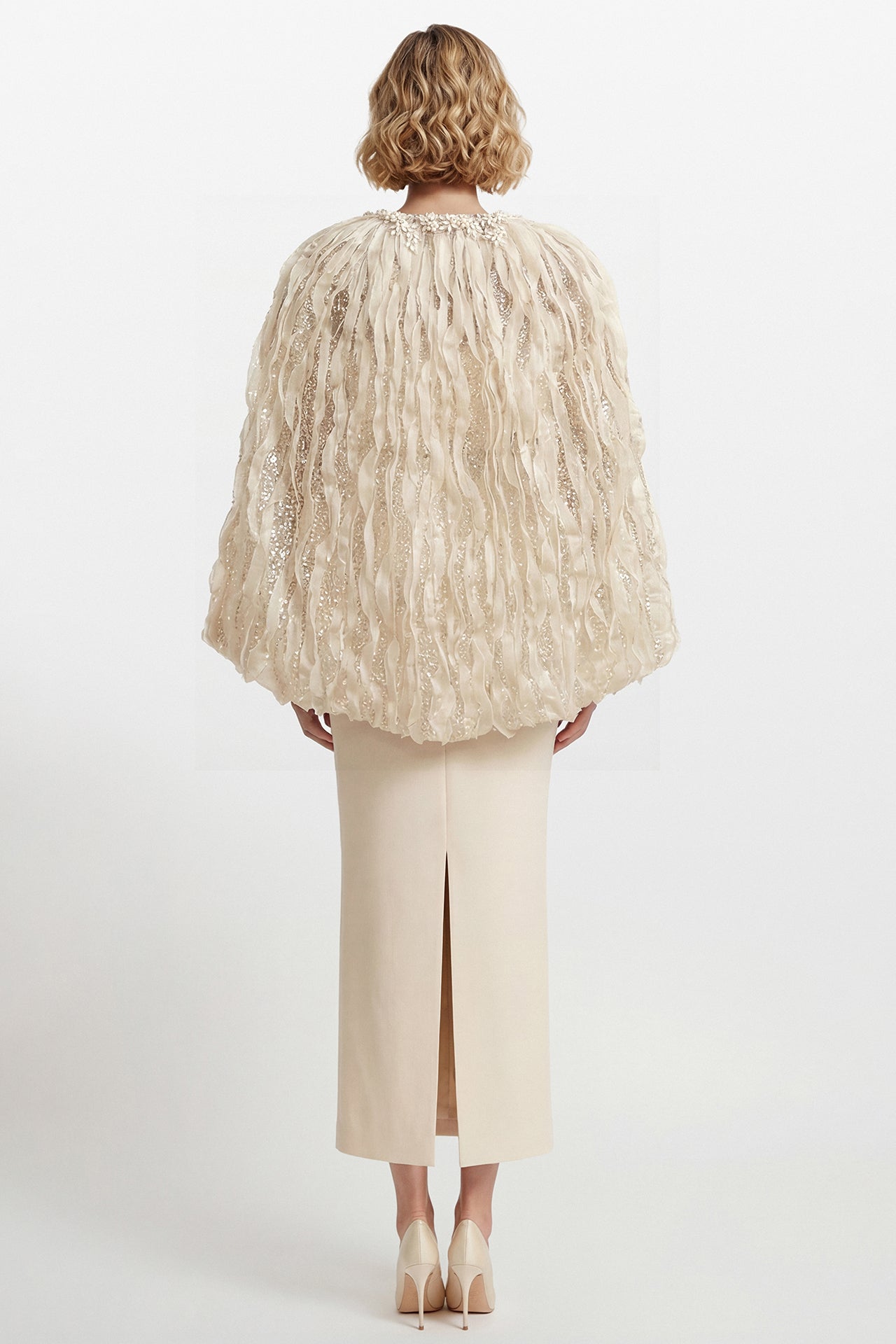 Embroidered Cape Jacket with Crepe Skirt