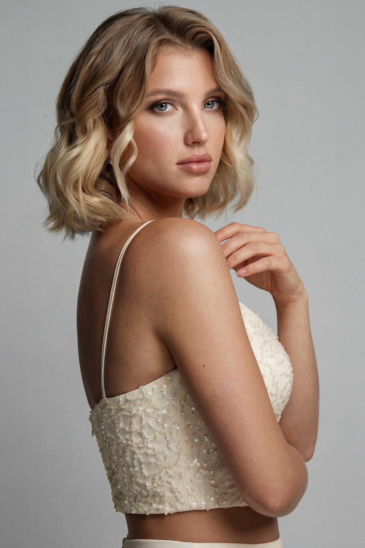 Embroidered Crop Top with Crepe Skirt