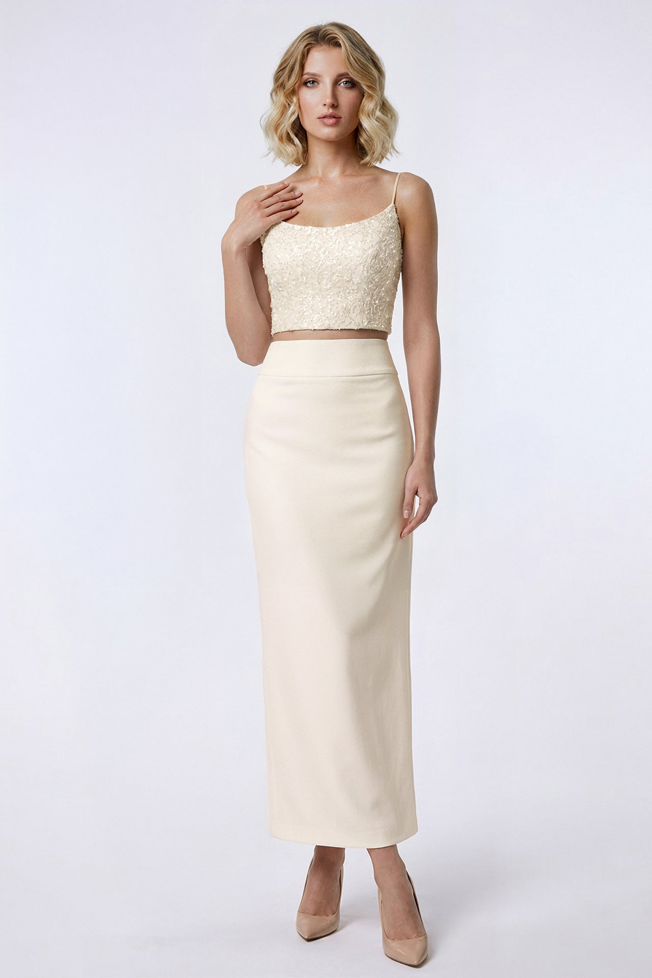 Embroidered Crop Top with Crepe Skirt