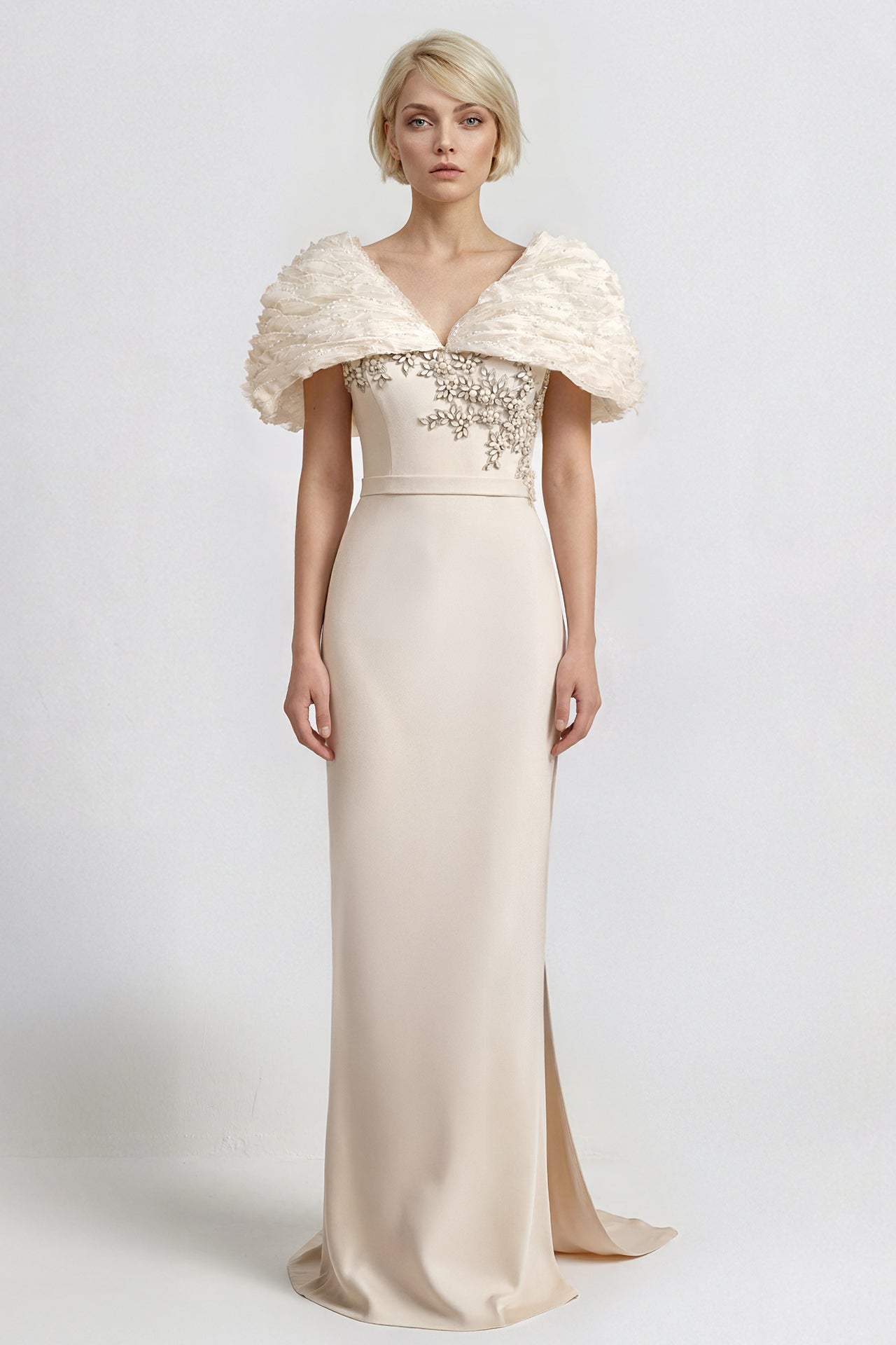Embroidered Crepe Gown with Organza Cape
