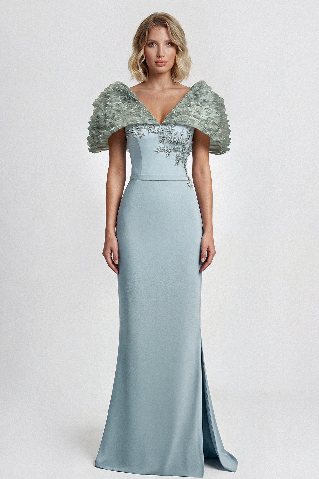 Sculpted Shoulder Crepe Column Gown