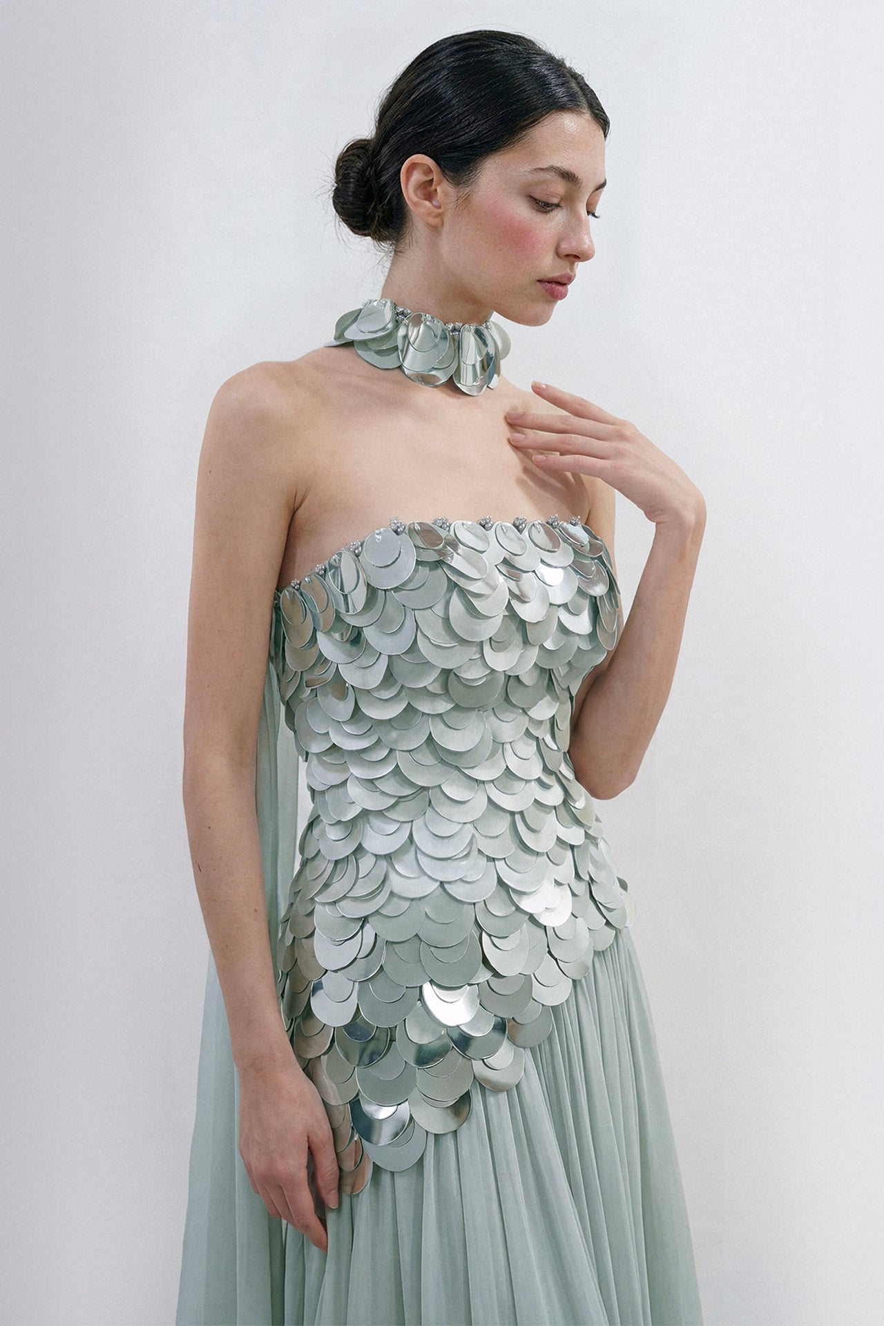 Halter Column Gown with Sculpted Embellished Bodice