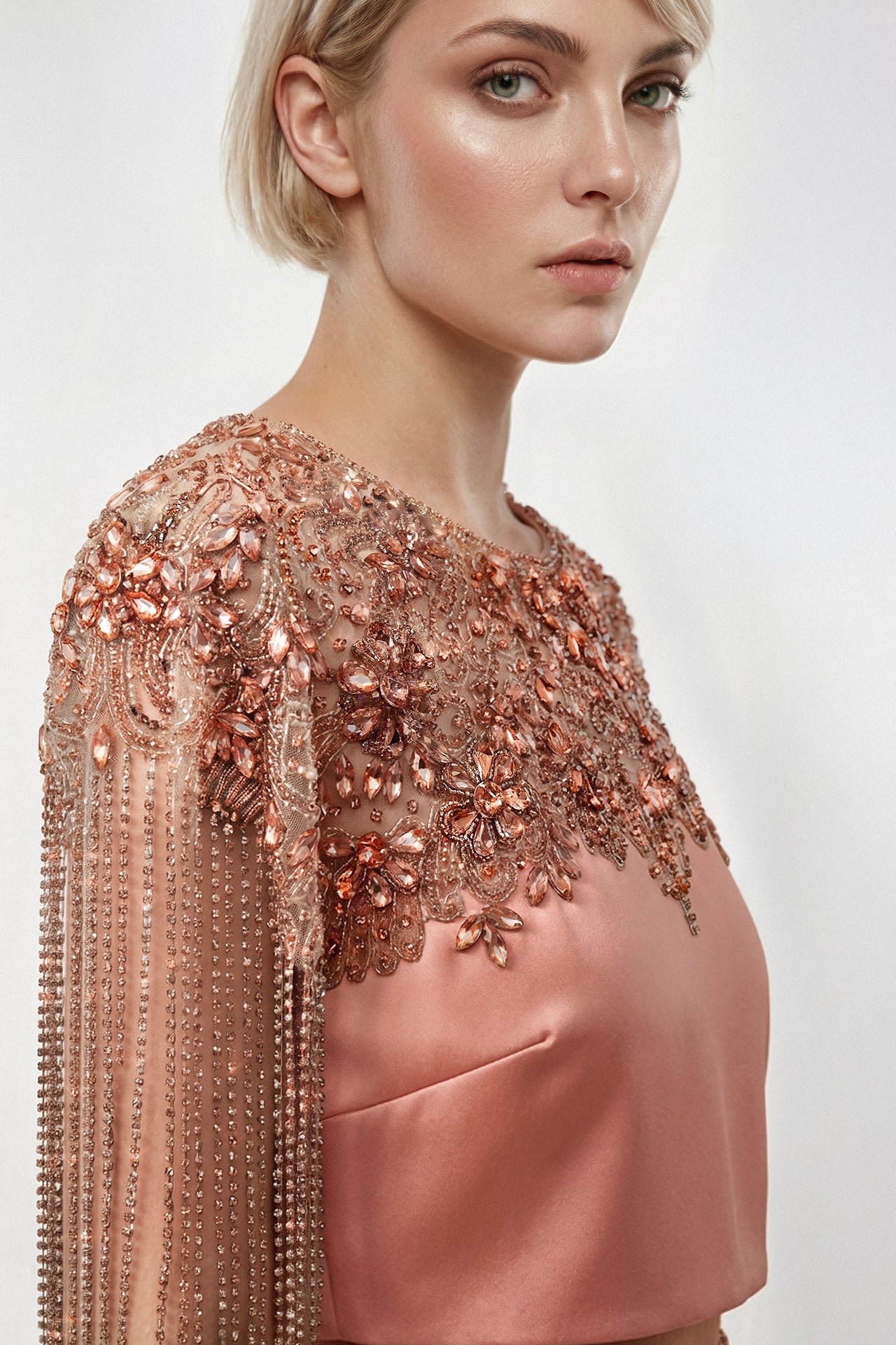 Embroidered Cape Top with Draped Slit Skirt