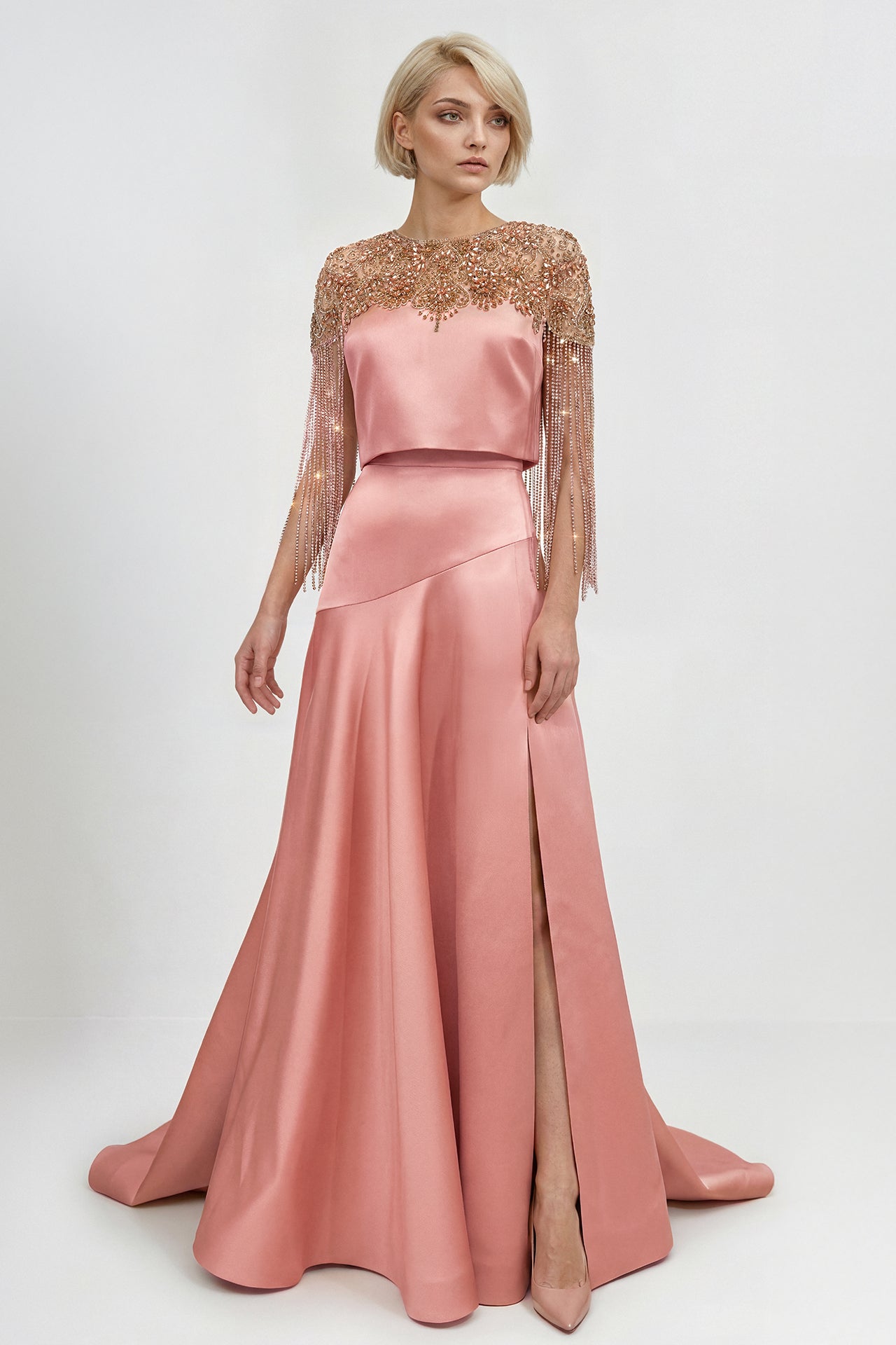 Embroidered Cape Top with Draped Slit Skirt