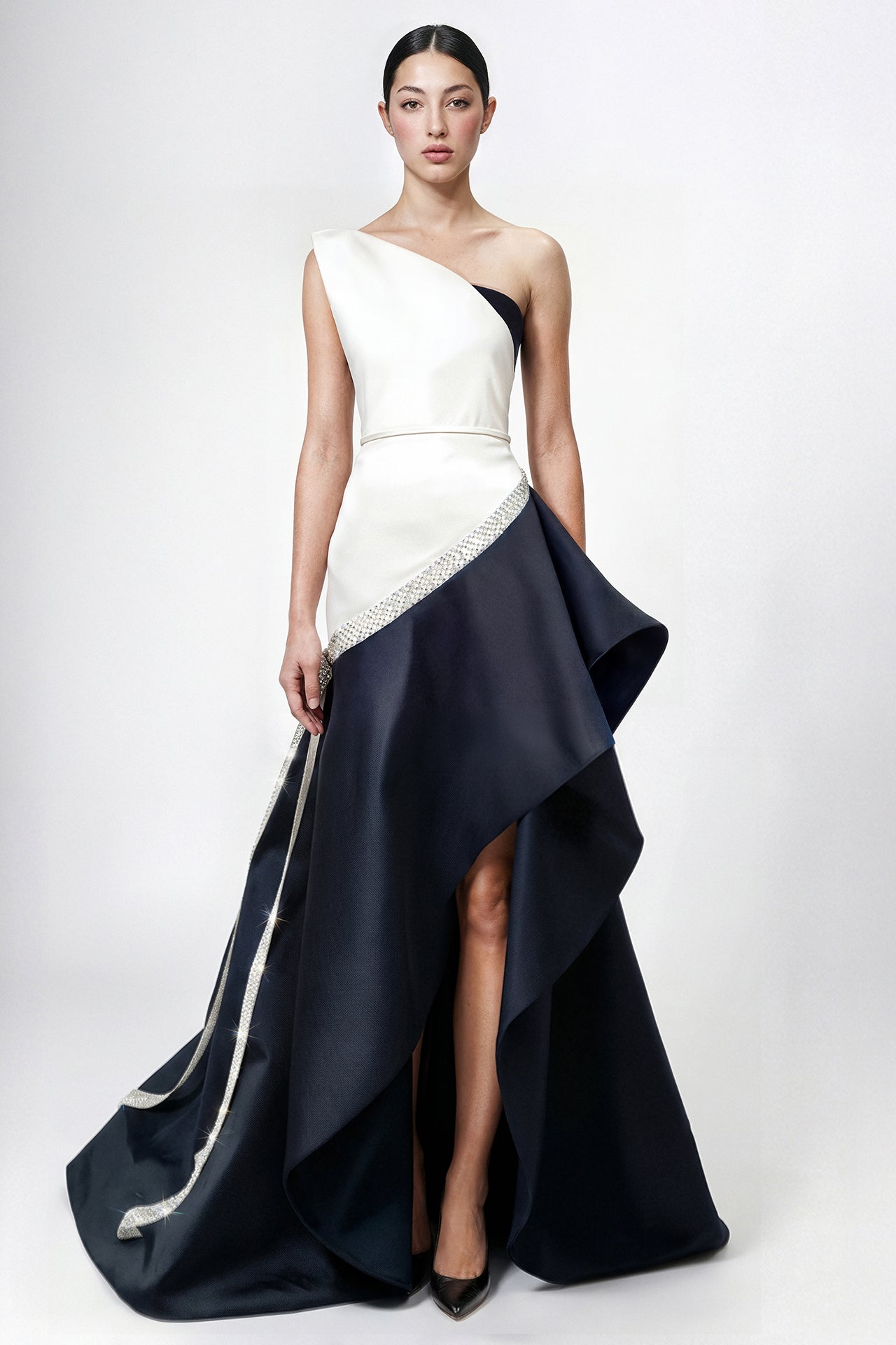 Asymmetric Draped Satin Gown