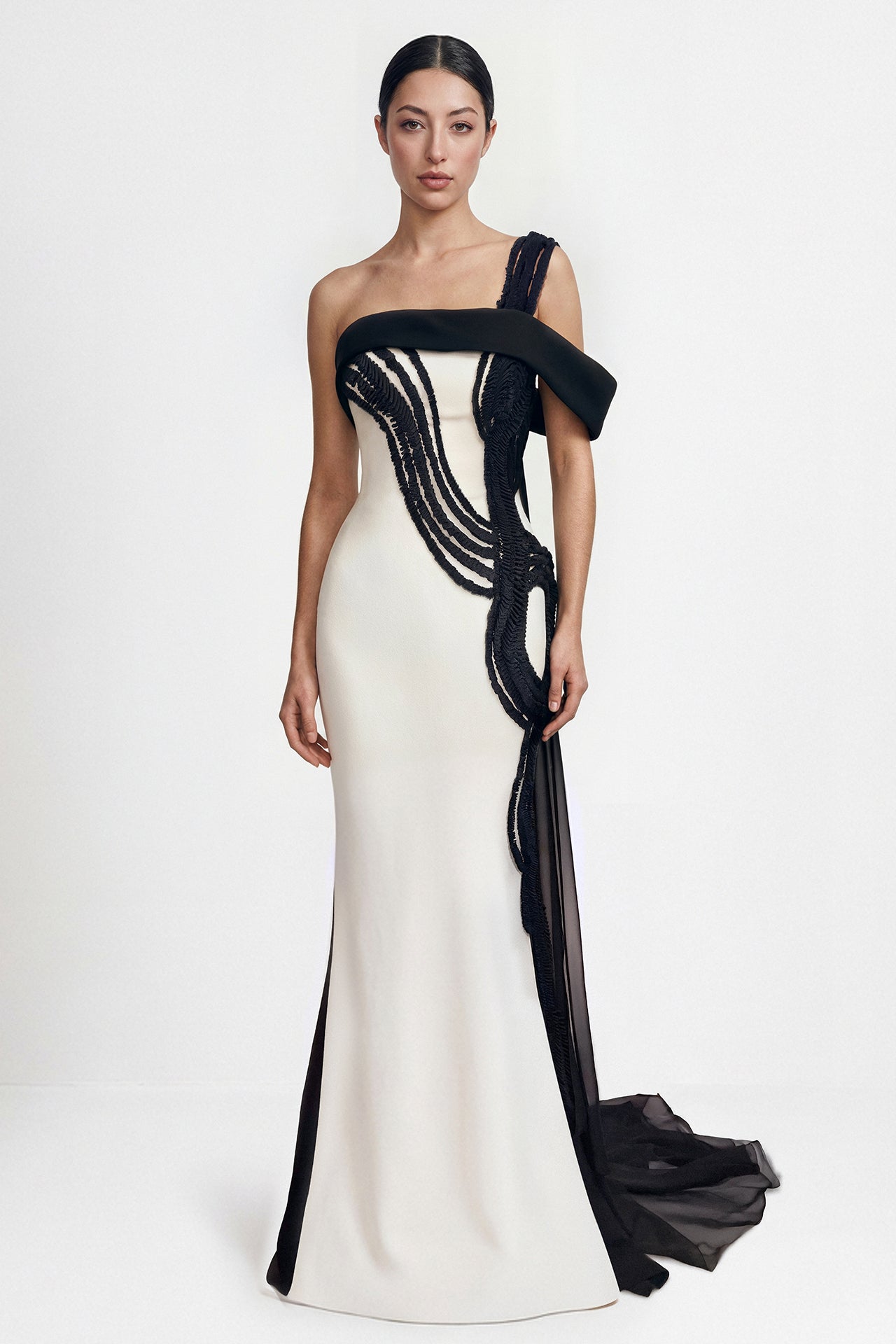 Asymmetrical Embroidered Crepe Gown
