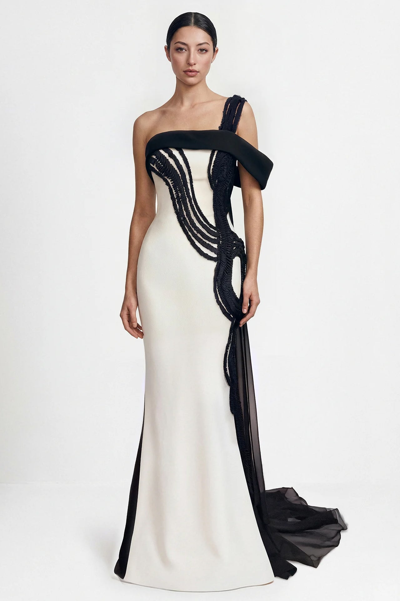 Asymmetrical Embroidered Crepe Gown