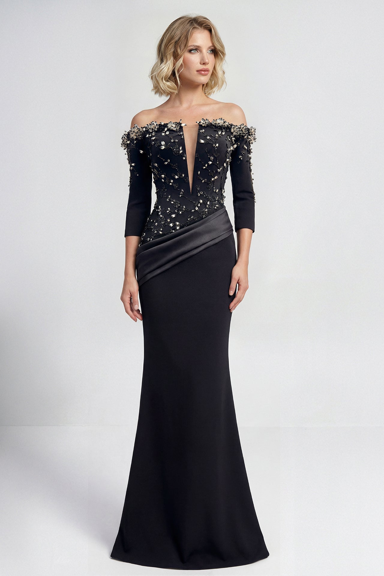 Off-Shoulder Embroidered Crepe Gown