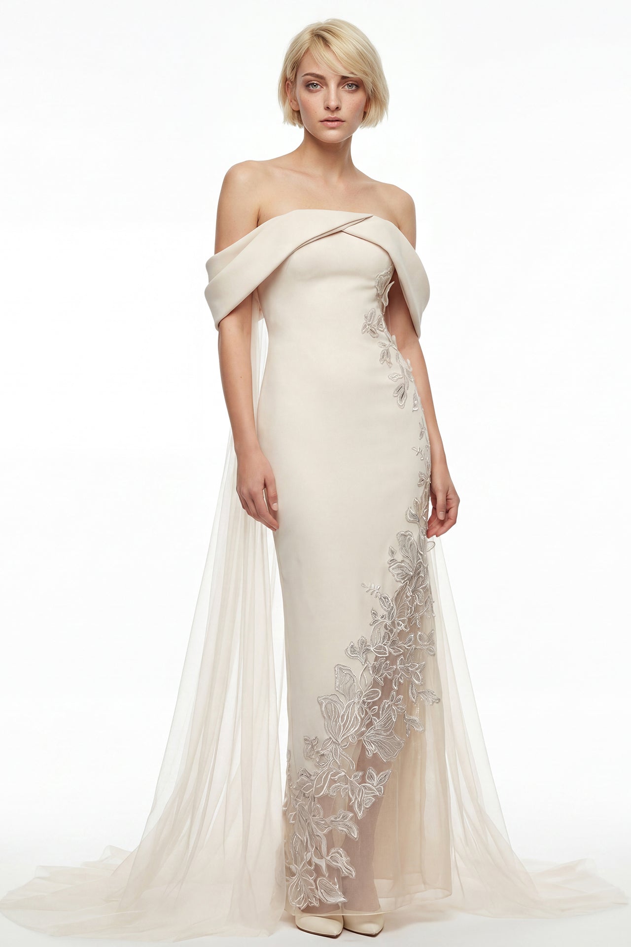 Draped Cape Column Crepe Gown