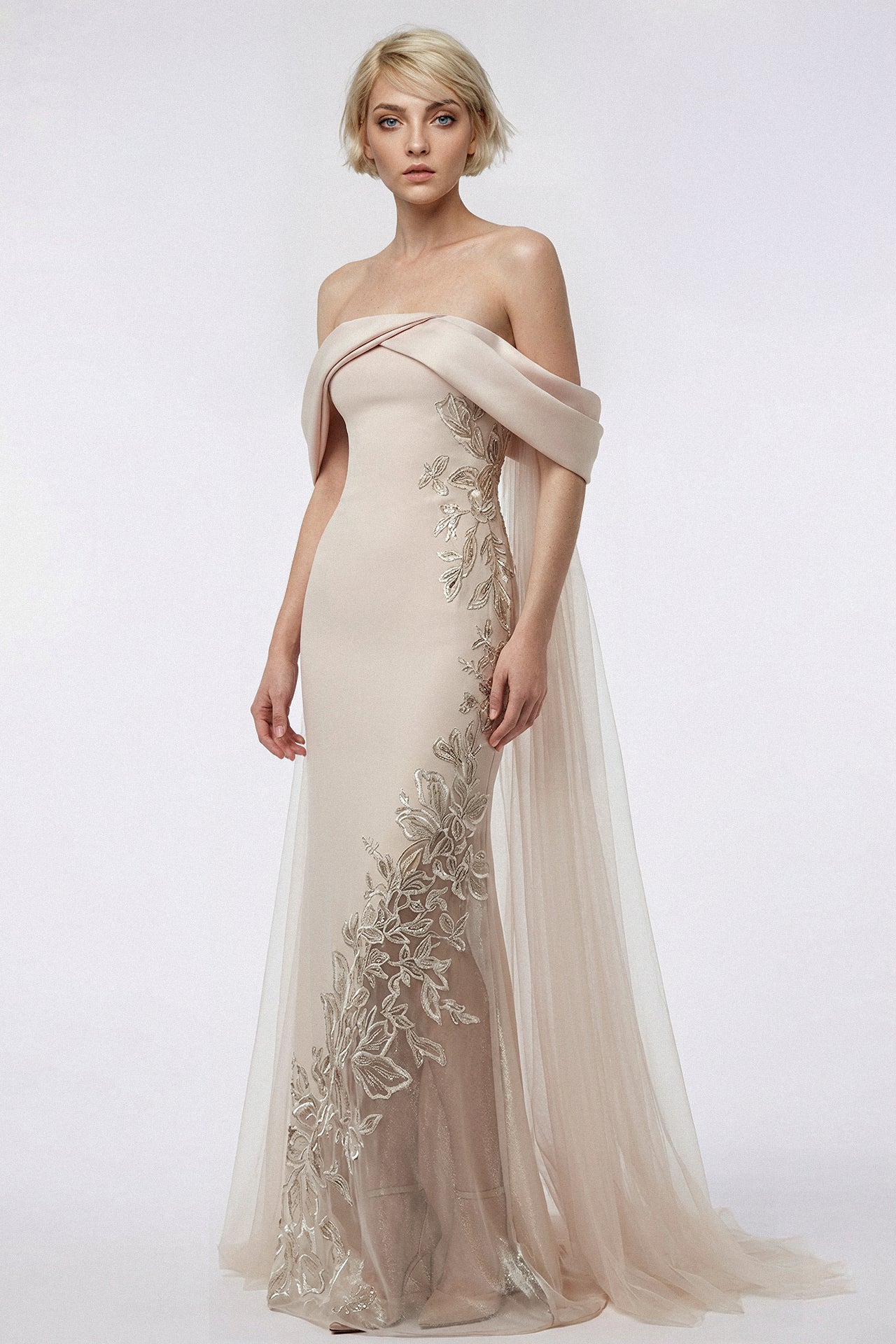 Draped Cape Column Crepe Gown
