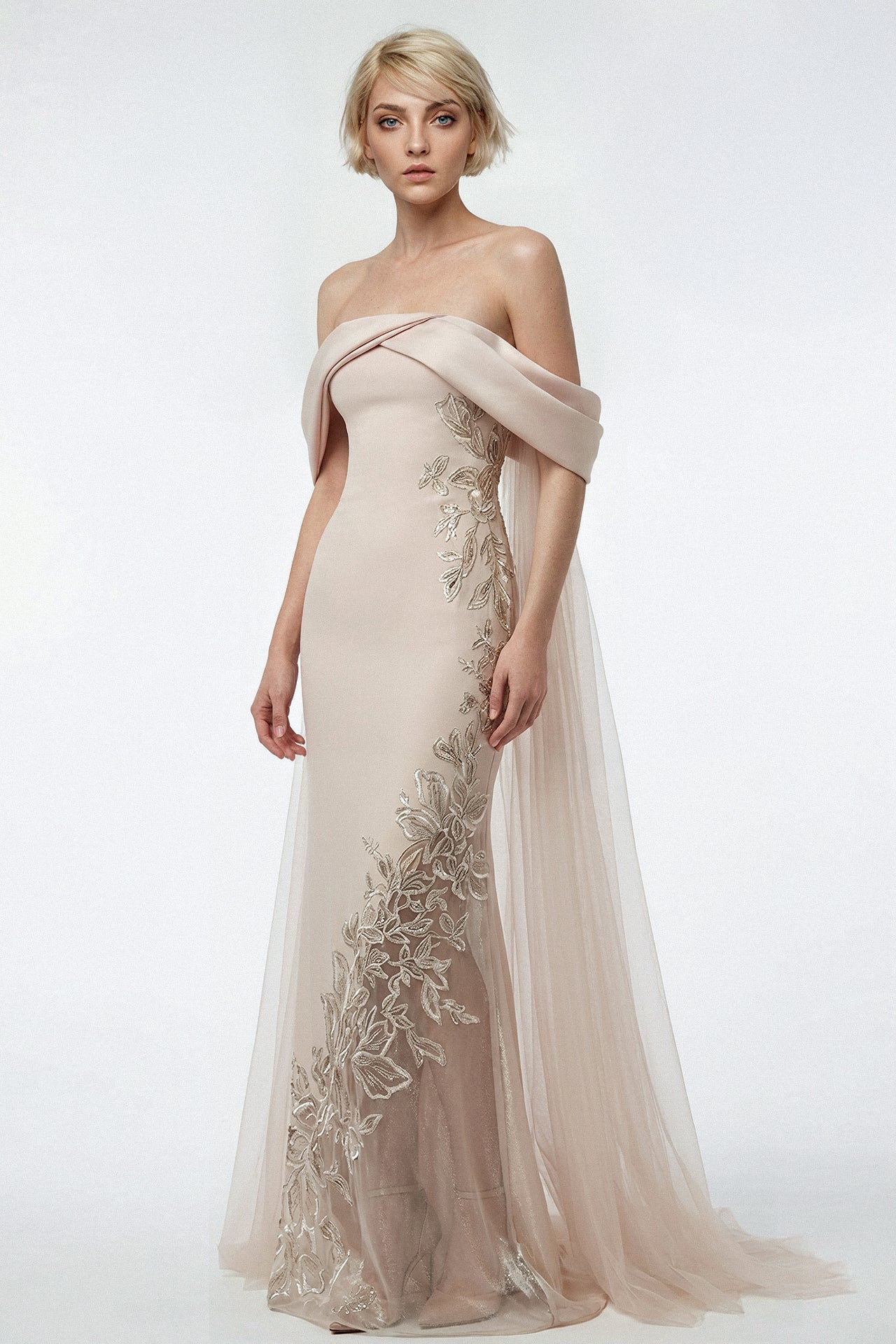 Draped Cape Column Crepe Gown