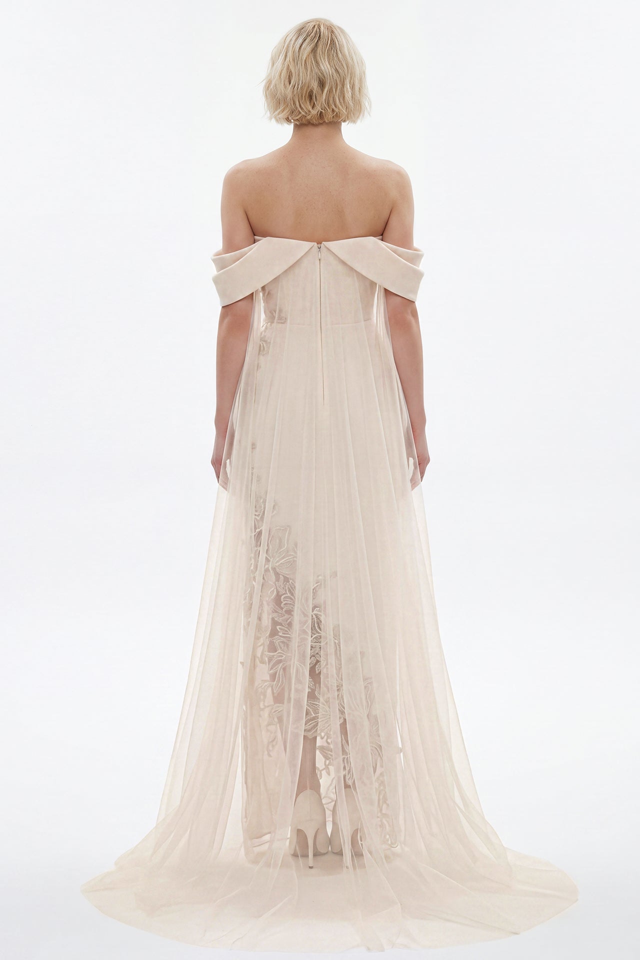 Draped Cape Column Crepe Gown