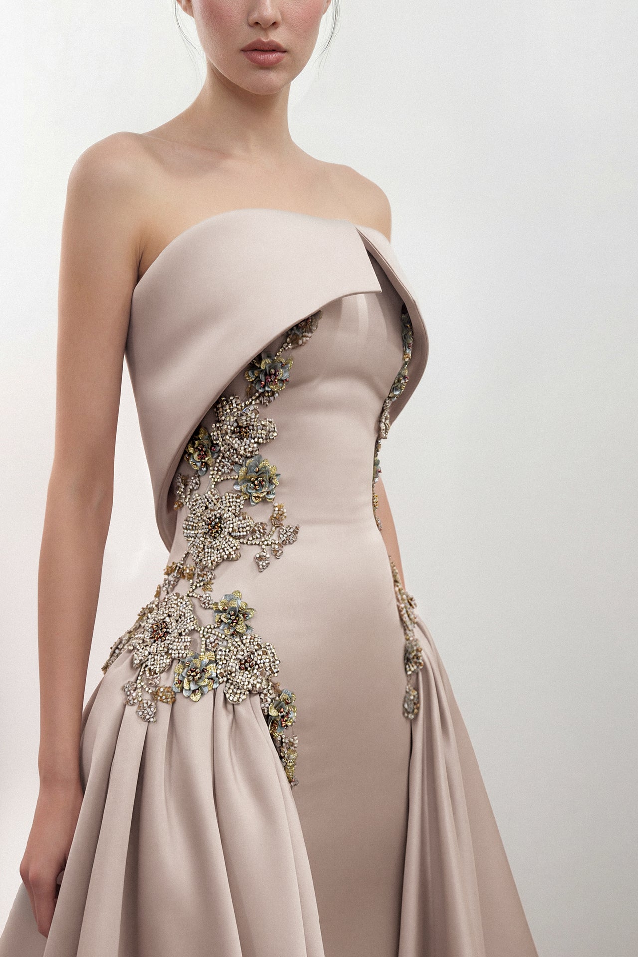Strapless Embellished Satin Gown with Overskirt