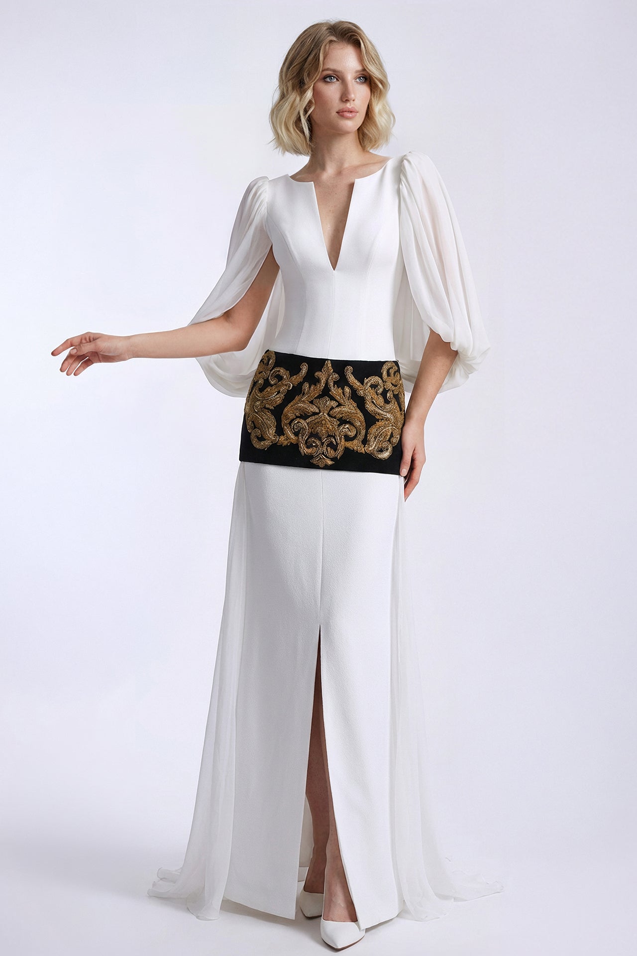Embroidered Waist Cape Sleeve Gown