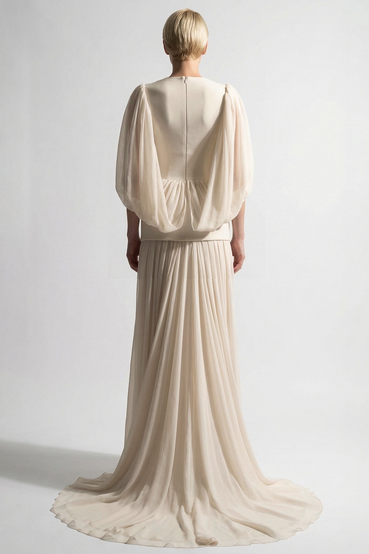 Embroidered Peplum Crepe Gown with Cape Sleeves