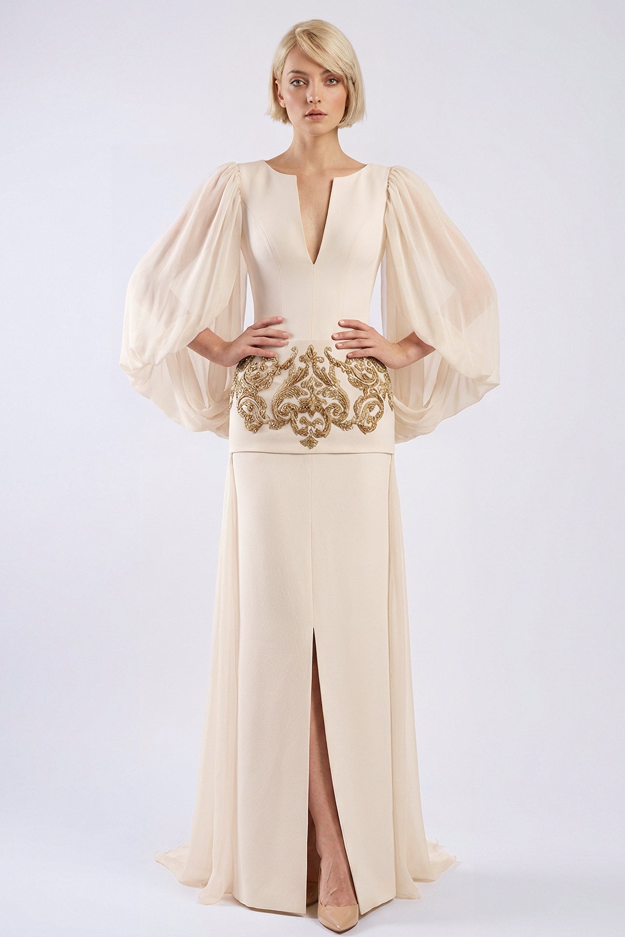 Embroidered Peplum Crepe Gown with Cape Sleeves