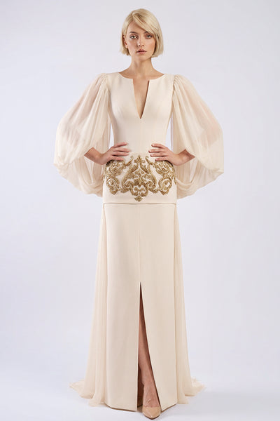 Embroidered Peplum Crepe Gown with Cape Sleeves – Gattinolli by Marwan
