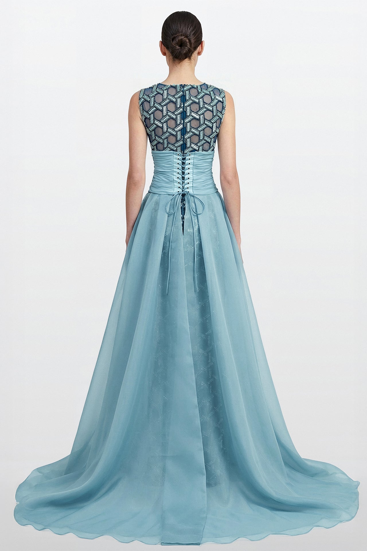 Embroidered Panel Gown with Chiffon Overskirt