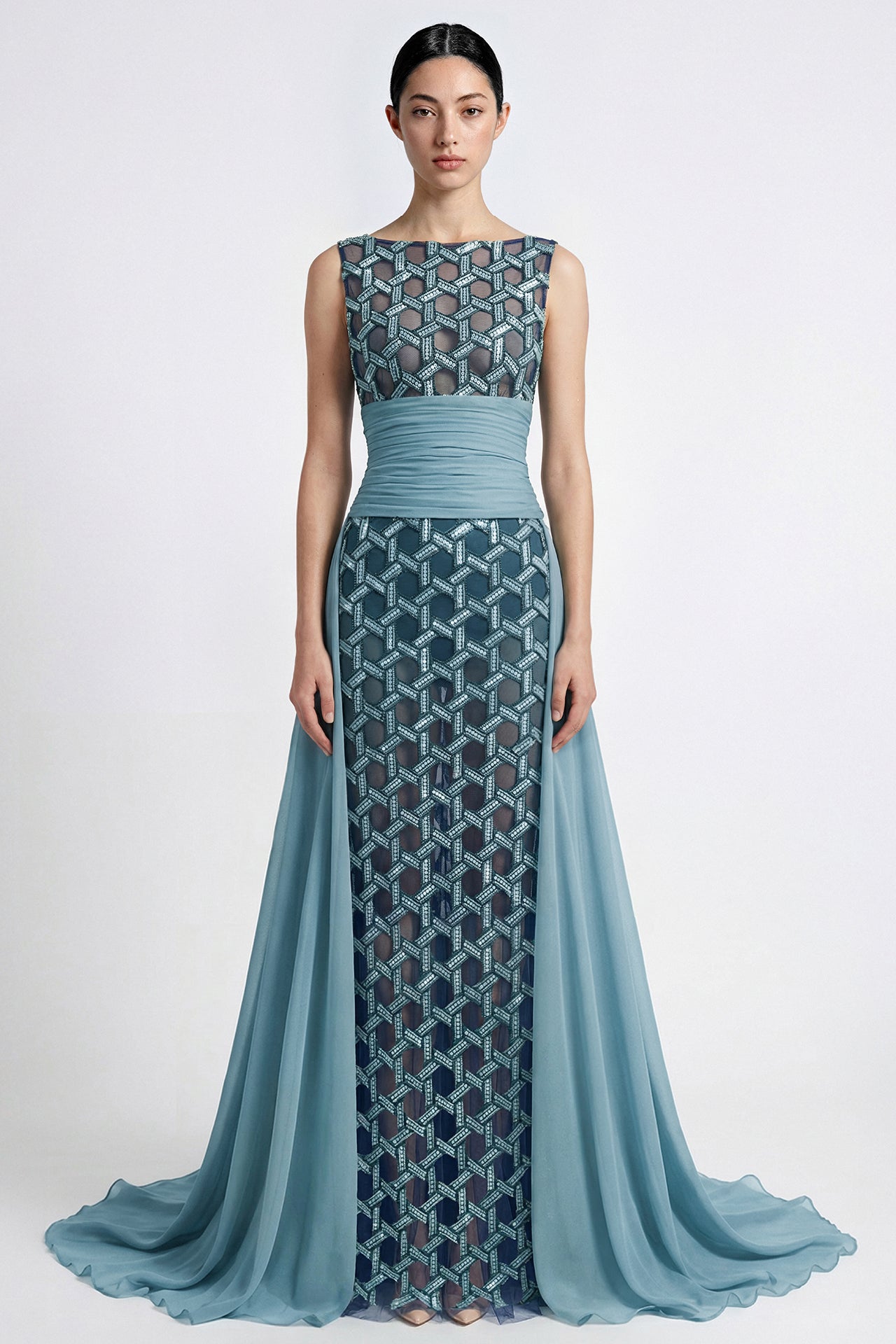 Embroidered Panel Gown with Chiffon Overskirt