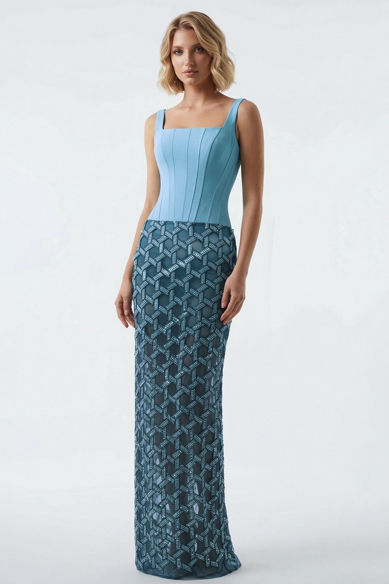 Structured Bodice Embroidered Skirt Gown