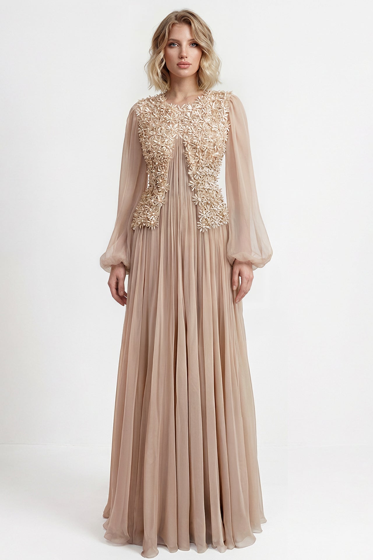 Floral Embroidered Chiffon Gown