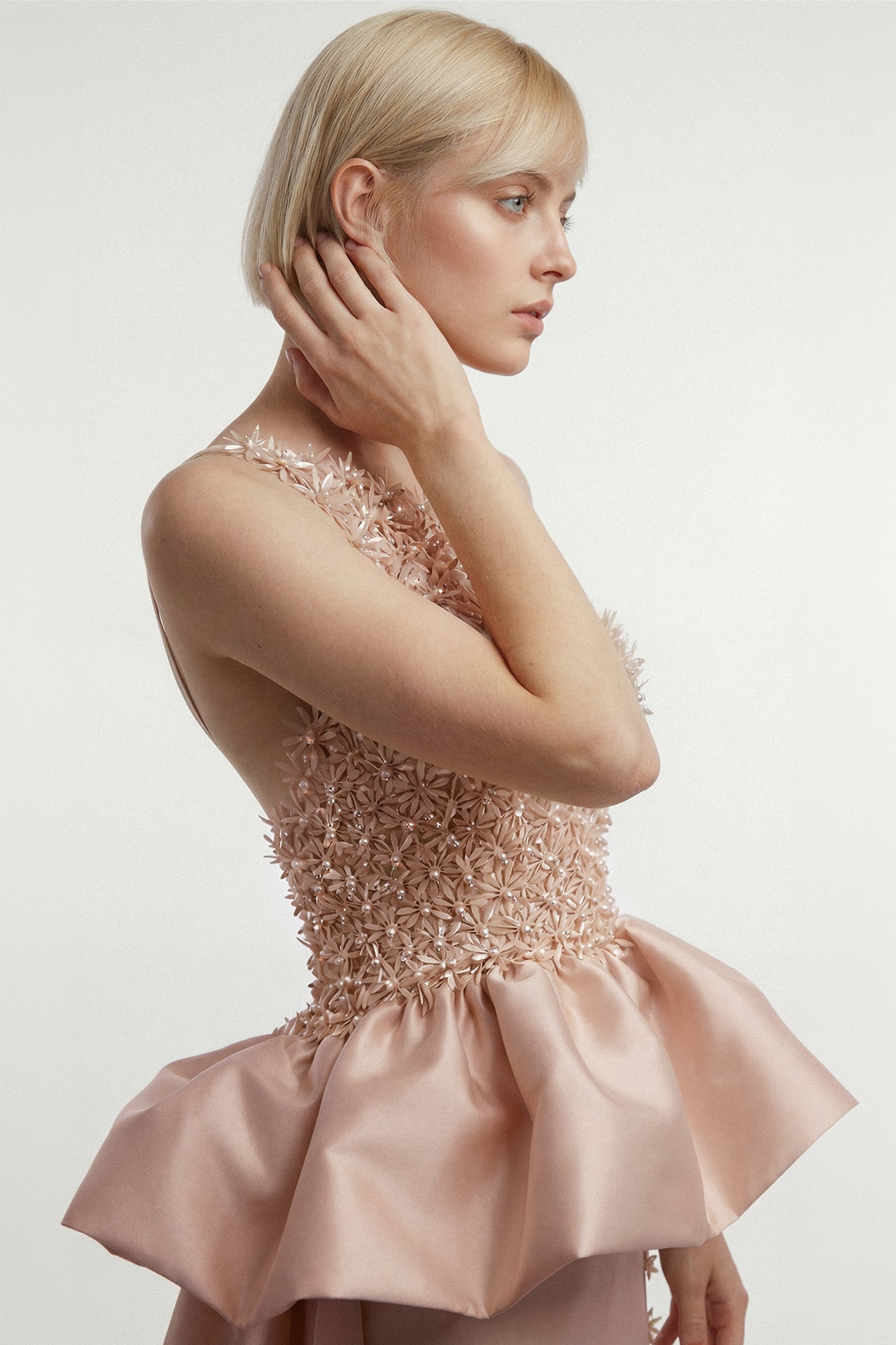 Peplum Gown with Embroidered Floral Bodice