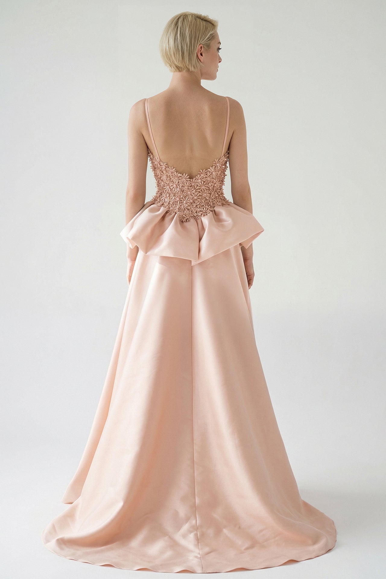 Peplum Gown with Embroidered Floral Bodice