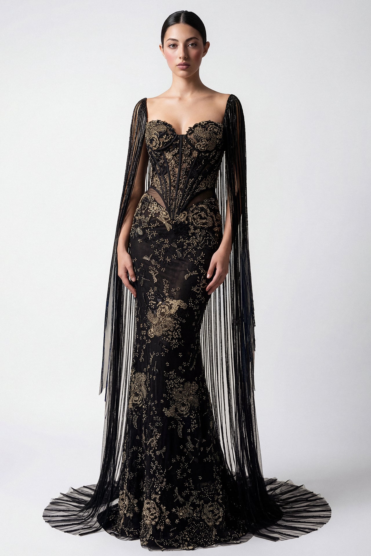 Bugle Bead Fringe Tulle Column Dress