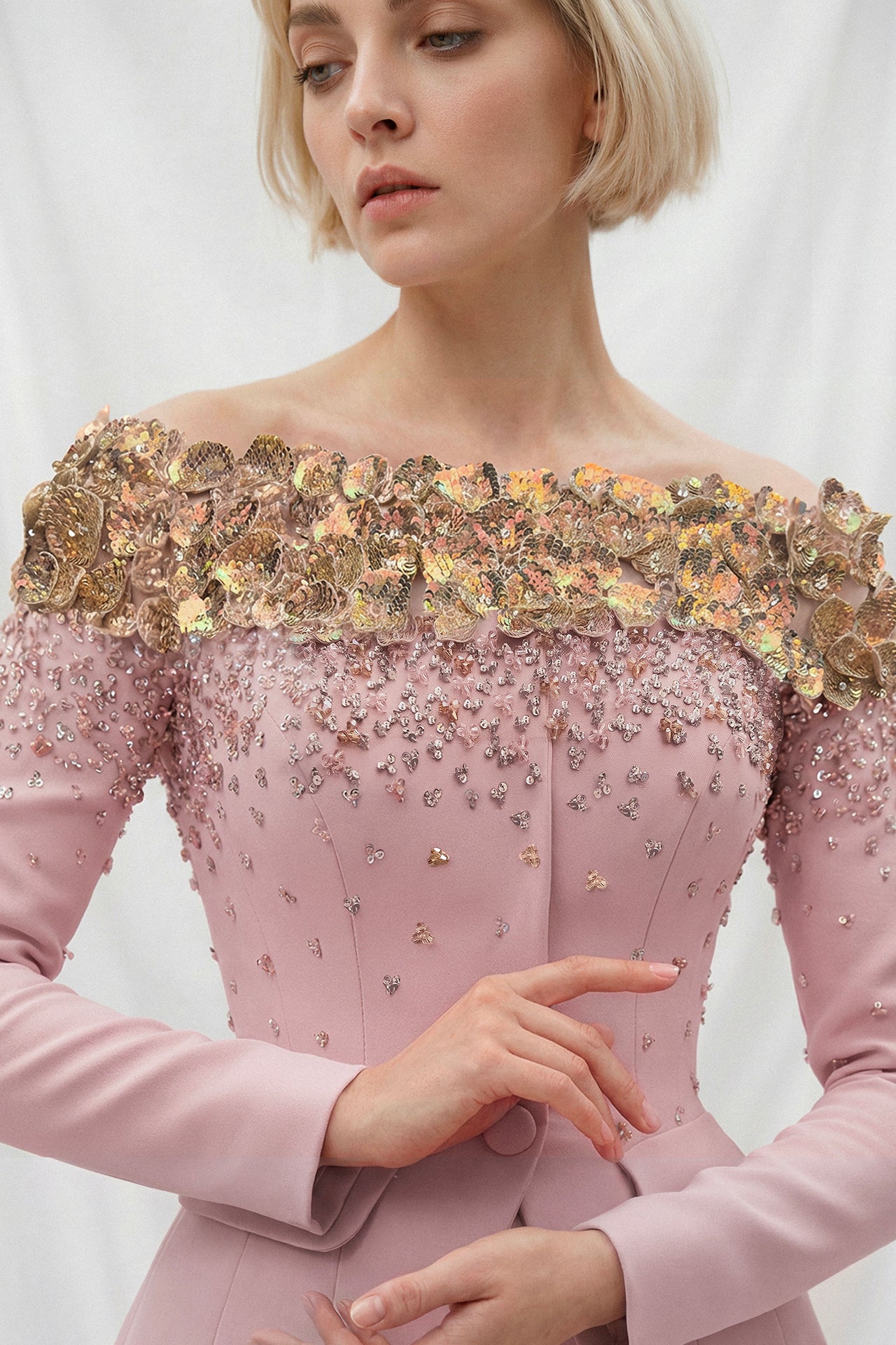 Embroidered Peplum Evening Gown