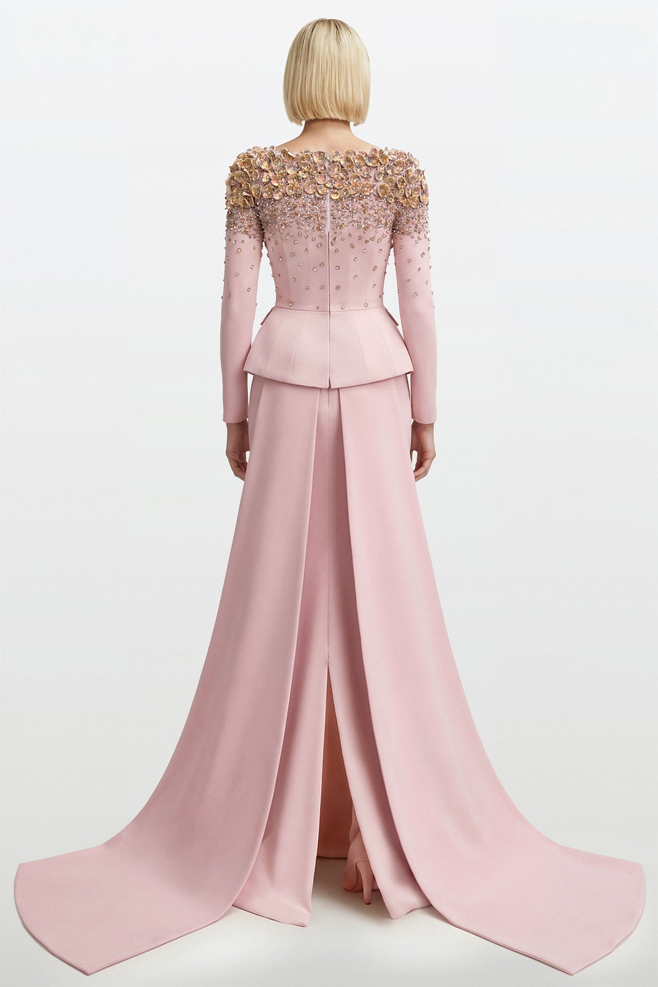 Embroidered Peplum Evening Gown