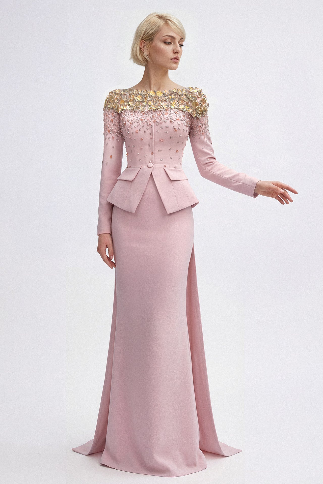 Embroidered Peplum Evening Gown