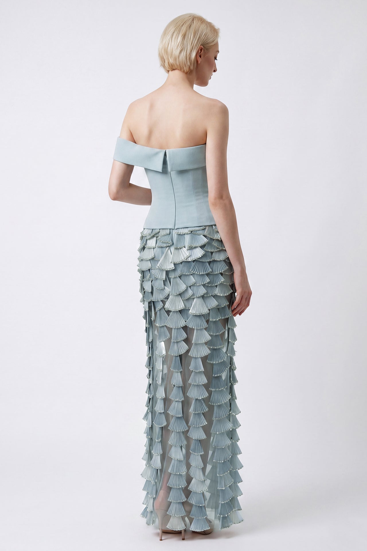 Off-Shoulder Corset Gown with Pleated Embellished Skirt