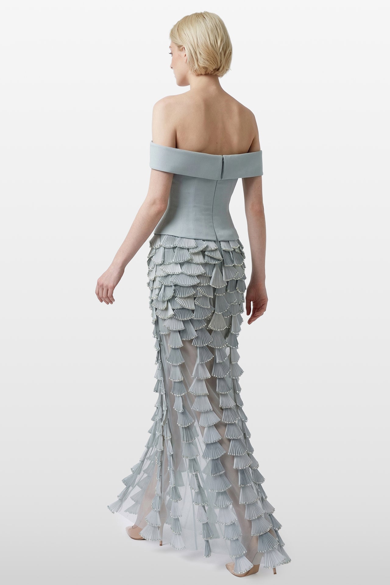 Off-Shoulder Corset Gown with Pleated Embellished Skirt