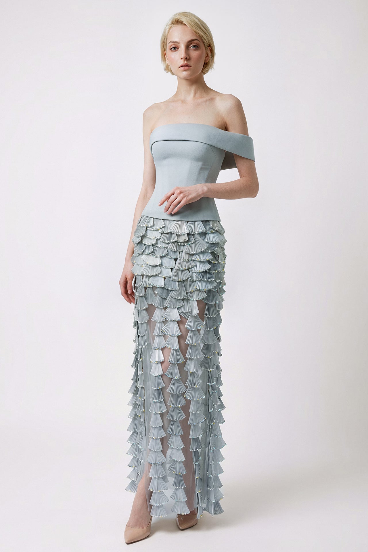 Off-Shoulder Corset Gown with Pleated Embellished Skirt