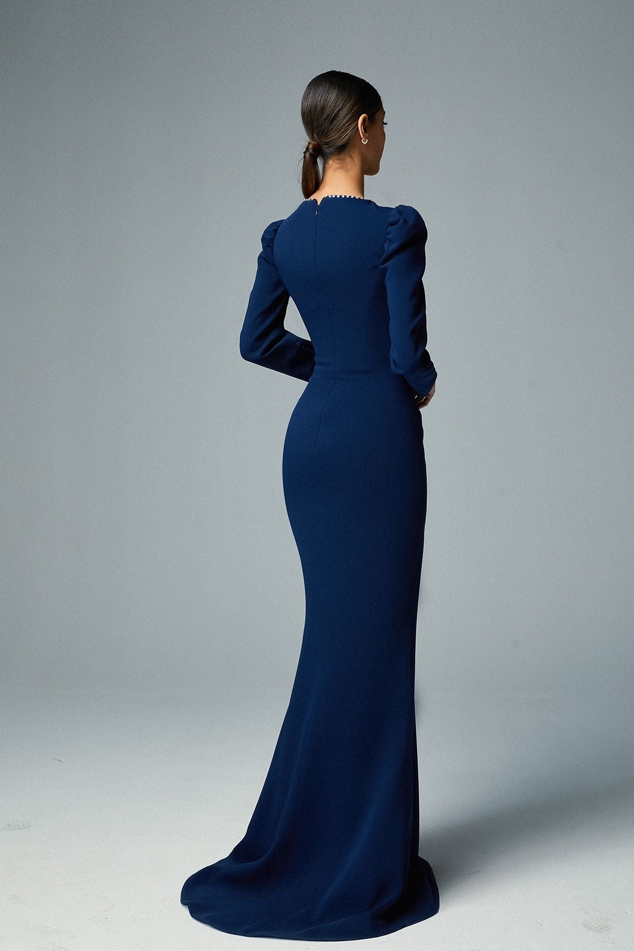 Navy Blue Crepe Evening Dress of Swarovski Fine Eclat Decoration
