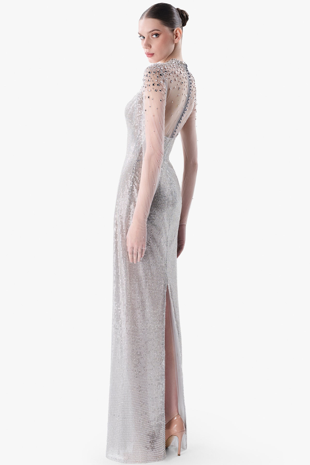 Crystal-Embellished Illusion Neckline Gown
