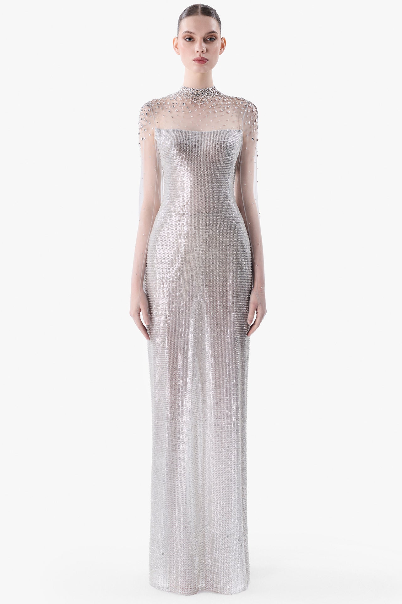 Crystal-Embellished Illusion Neckline Gown
