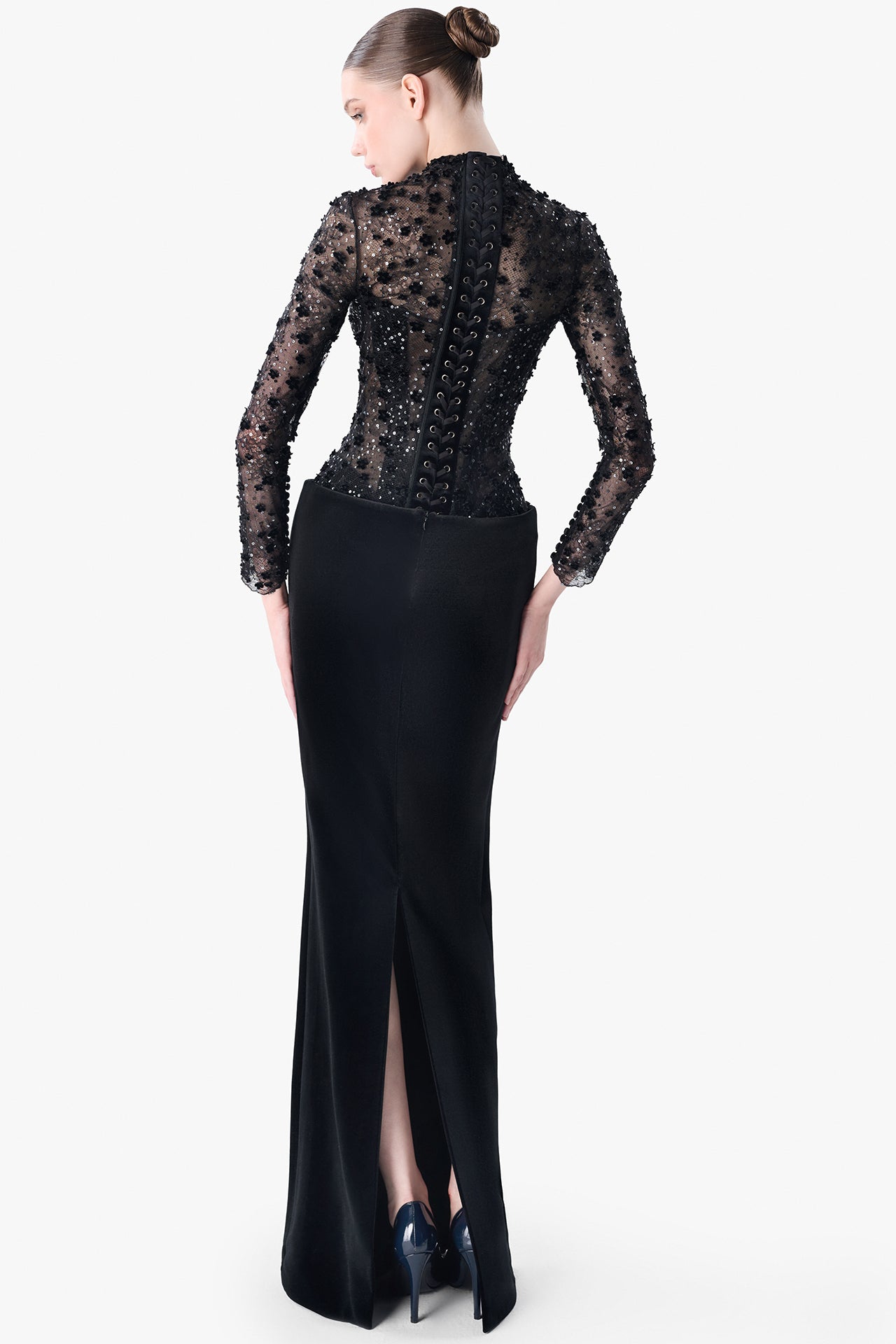 Embroidered Tulle Top with Velvet Column Skirt