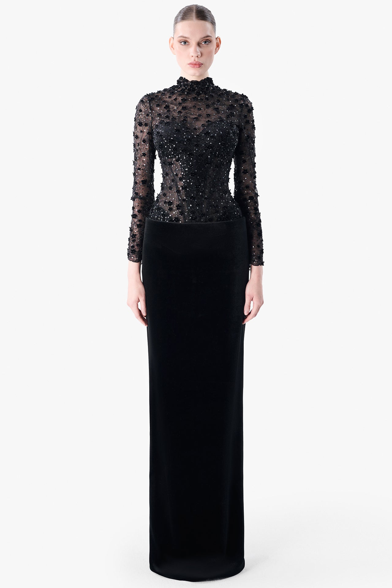 Embroidered Tulle Top with Velvet Column Skirt