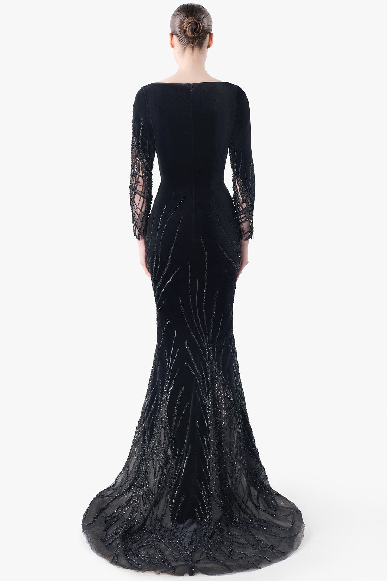 Velvet Gown with Embroidered Tulle Panels
