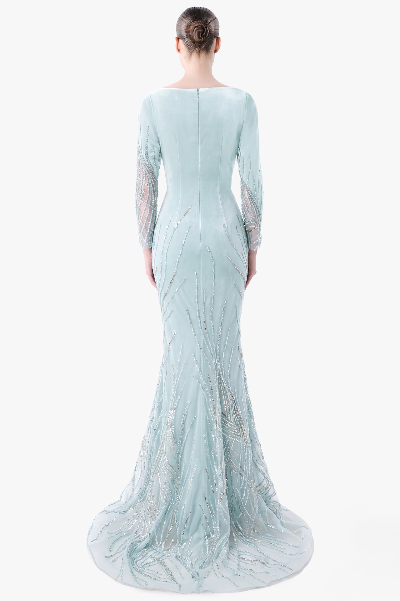 Velvet Gown with Embroidered Tulle Panels