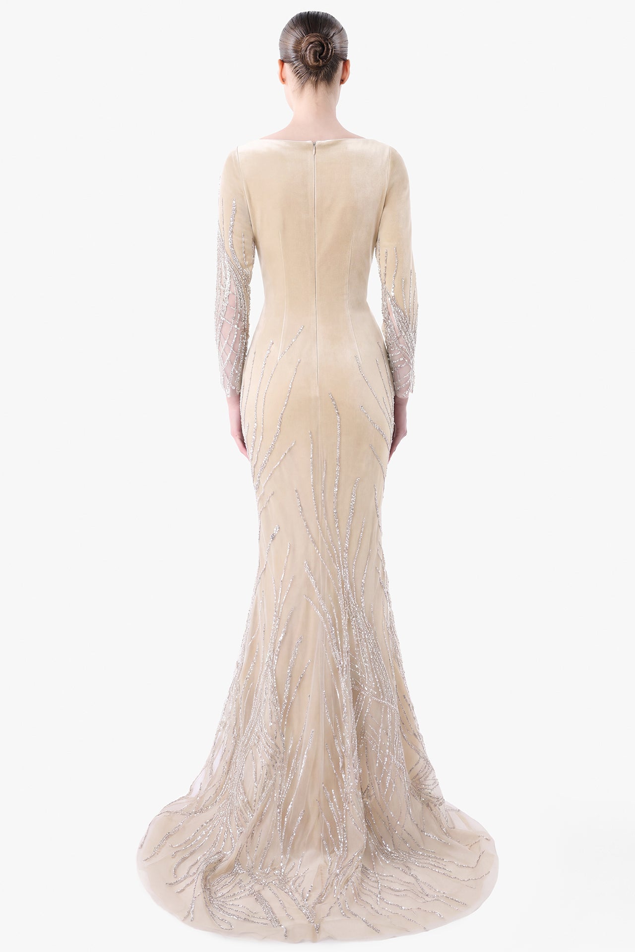 Velvet Gown with Embroidered Tulle Panels