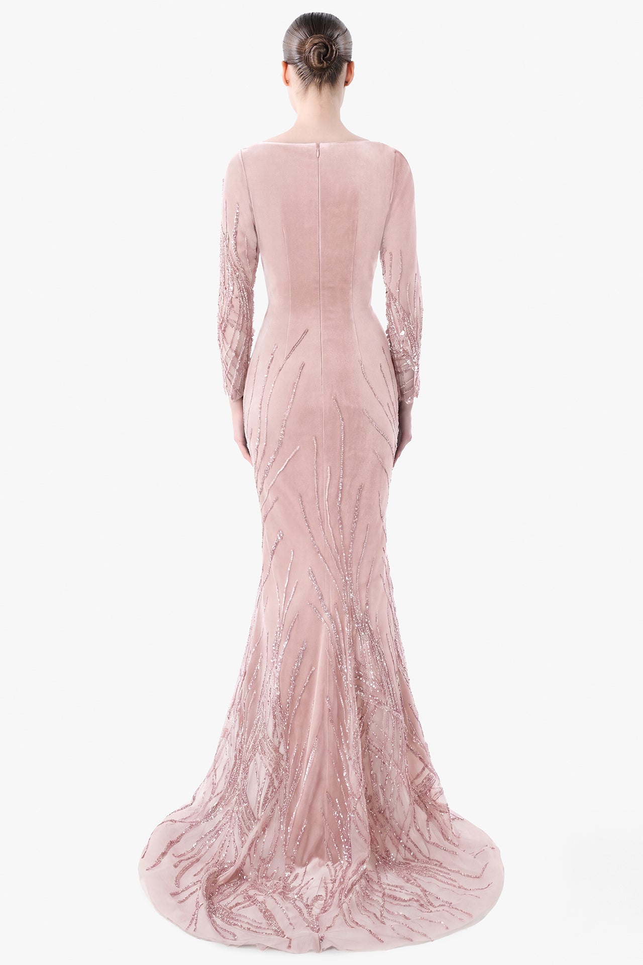 Velvet Gown with Embroidered Tulle Panels