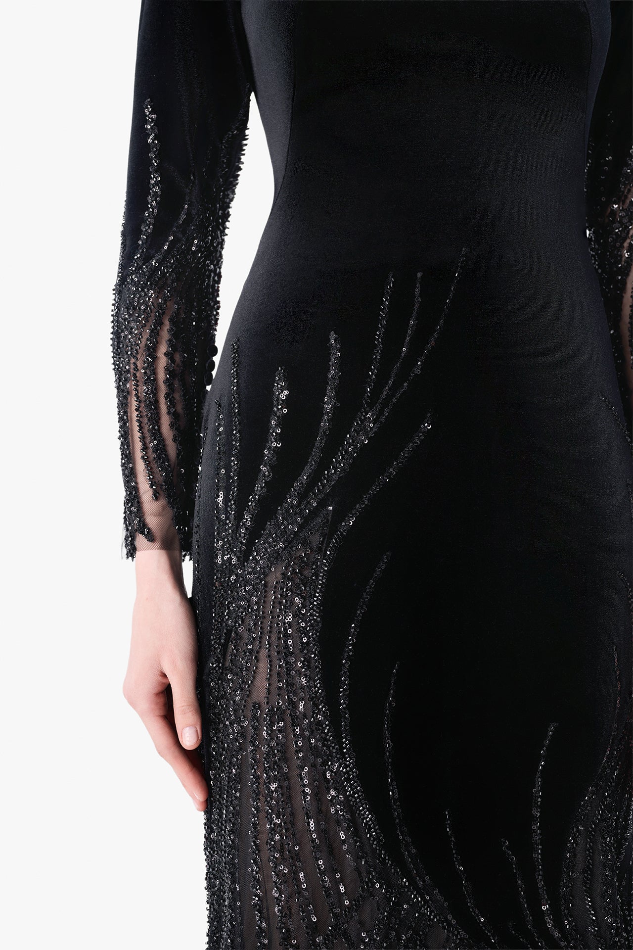 Velvet Gown with Embroidered Tulle Panels