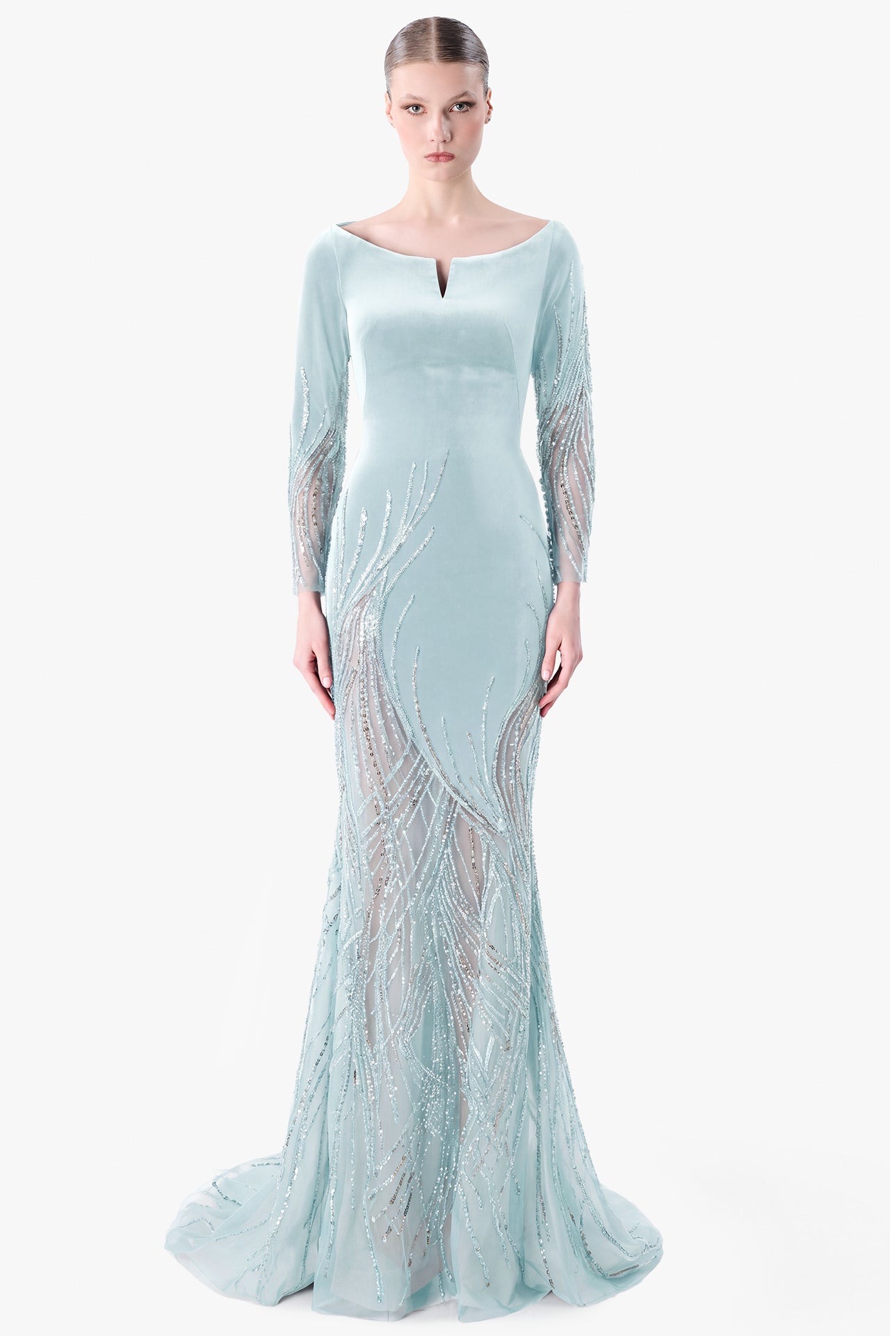 Velvet Gown with Embroidered Tulle Panels