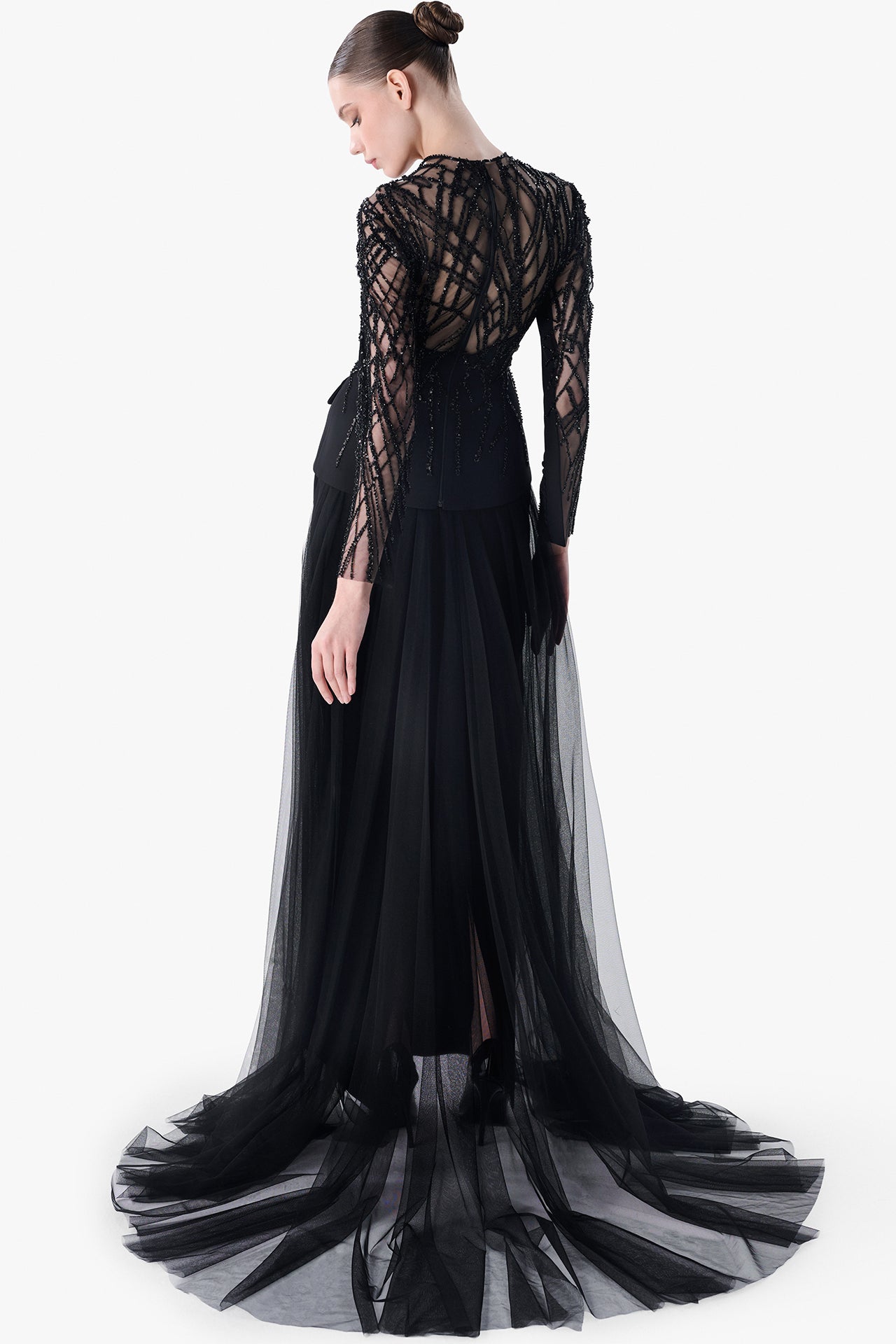Crepe Gown with Beaded Tulle Overlay